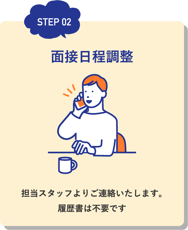 面接日程調整 / 担当スタッフよりご連絡いたします。履歴書は不要です